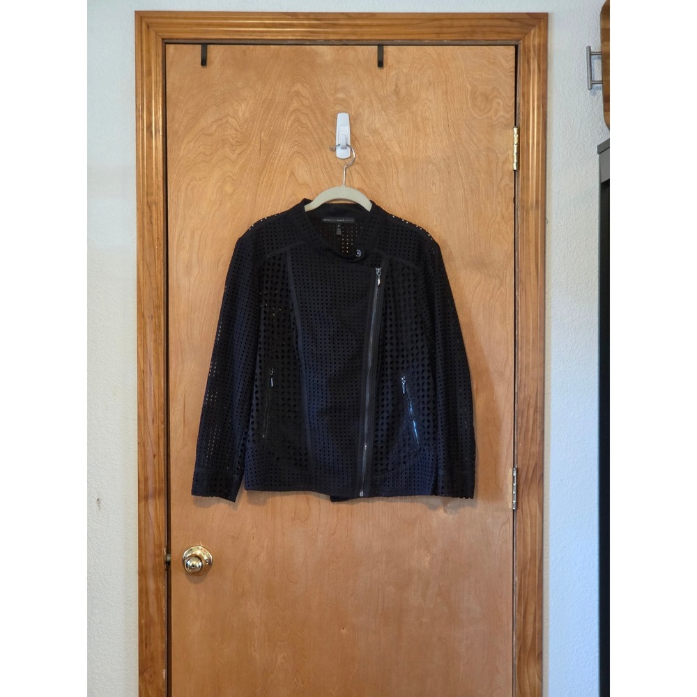 White House Black Market Black Eyelet Moto Jacket Pleated Peplum Size 16